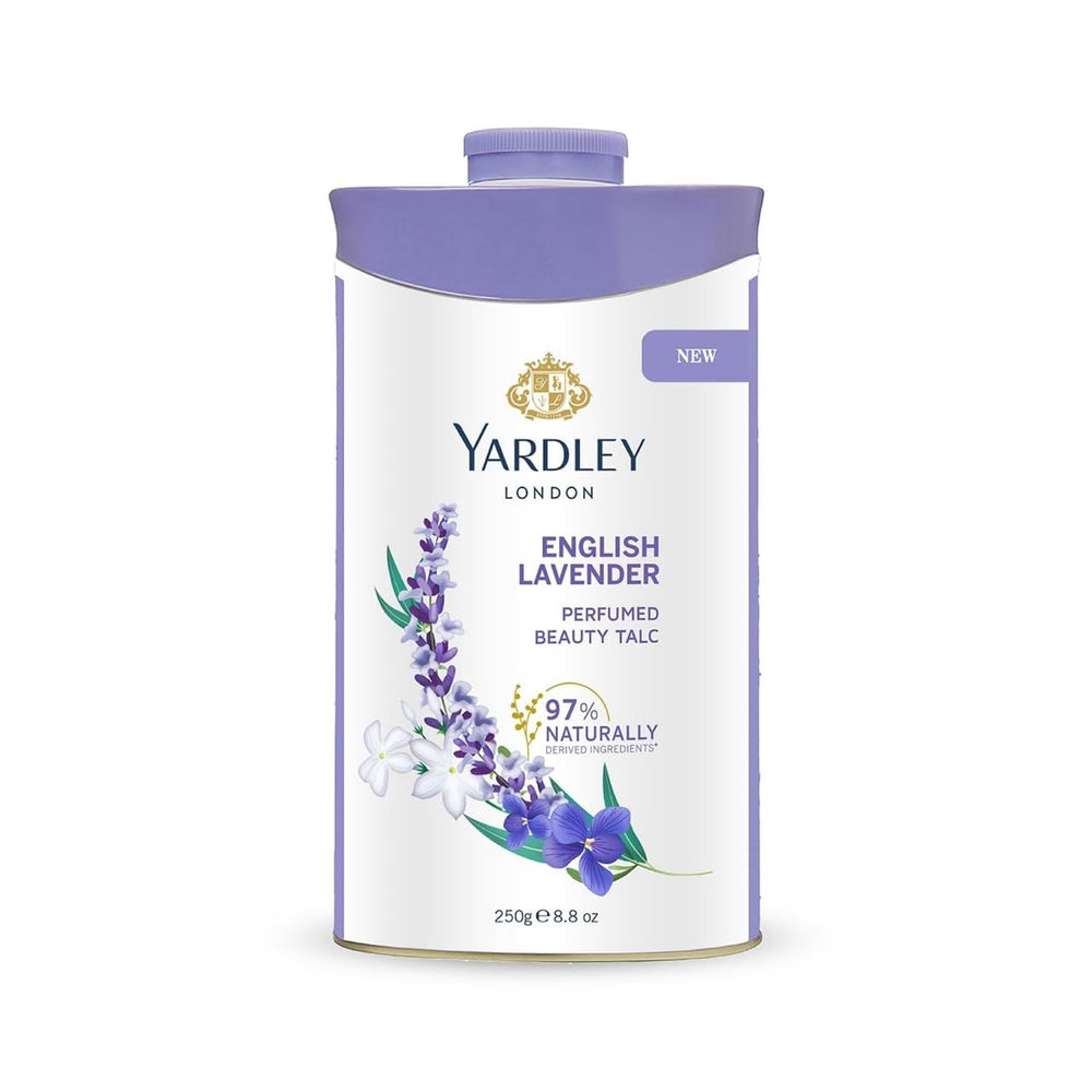 Yardley Lavande Anglaise — poudre parfumée dans emballage élégant pour la peau.