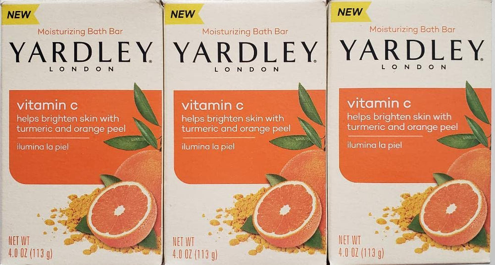 Savon Yardley nourrissant avec vitamine C et curcuma, pour une peau lumineuse et hydratée.