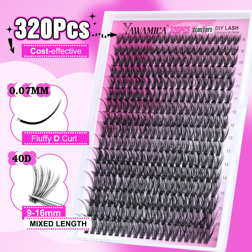 Yawamica extensions cils 40D 9-16 mm, rendu naturel avec courbe D et fibre.
