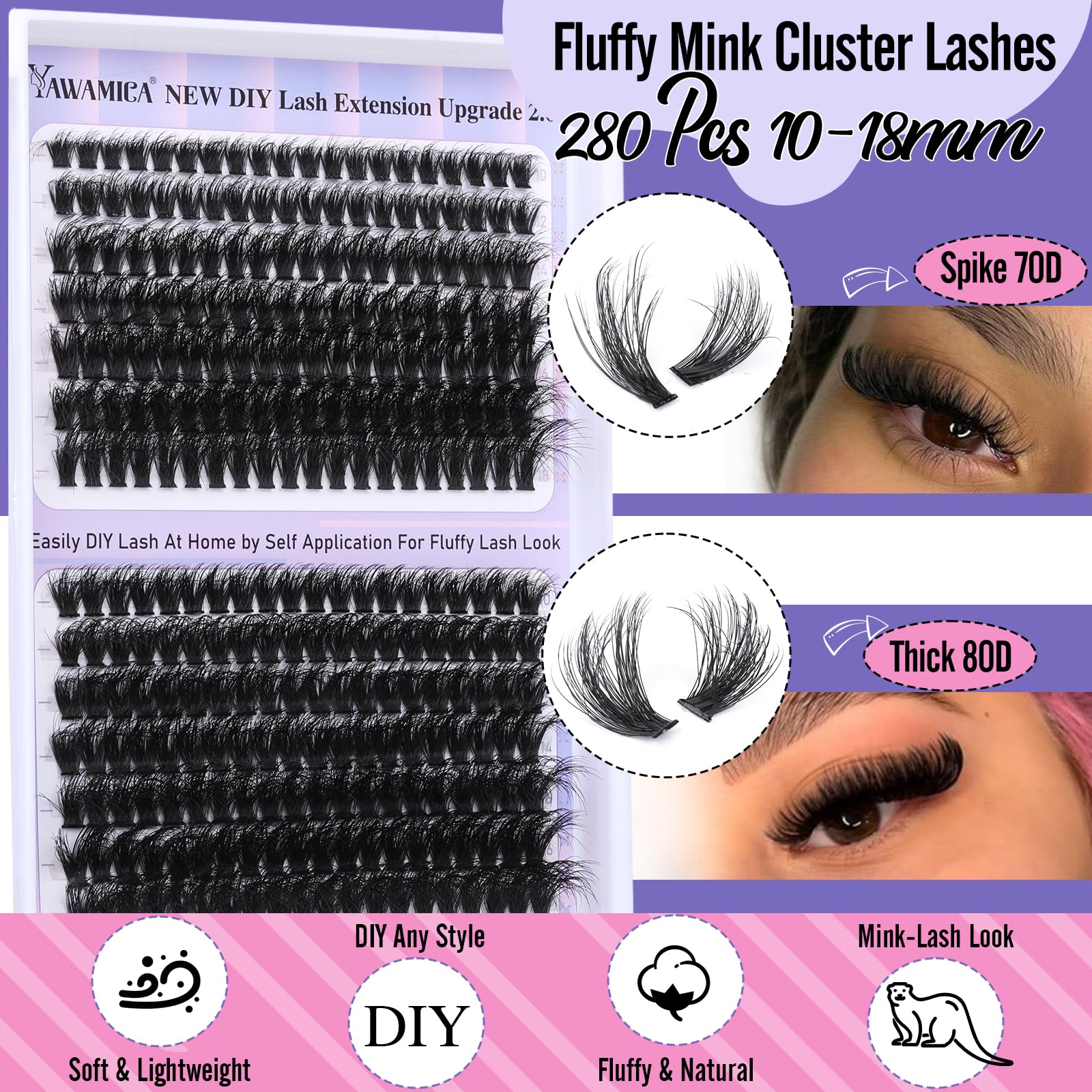 Yawamica cils clusters D curl 10–18 mm, regard élégant et naturel du jour.