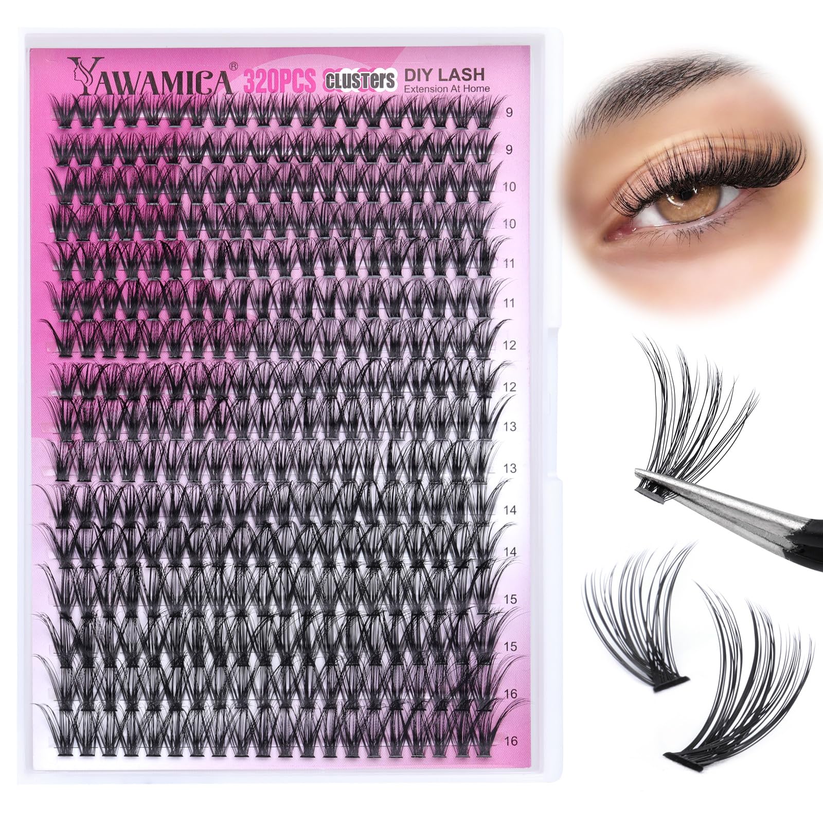 Yawamica cils individuels 320 pièces, variété de longueurs pour styles variés et personnalisés.