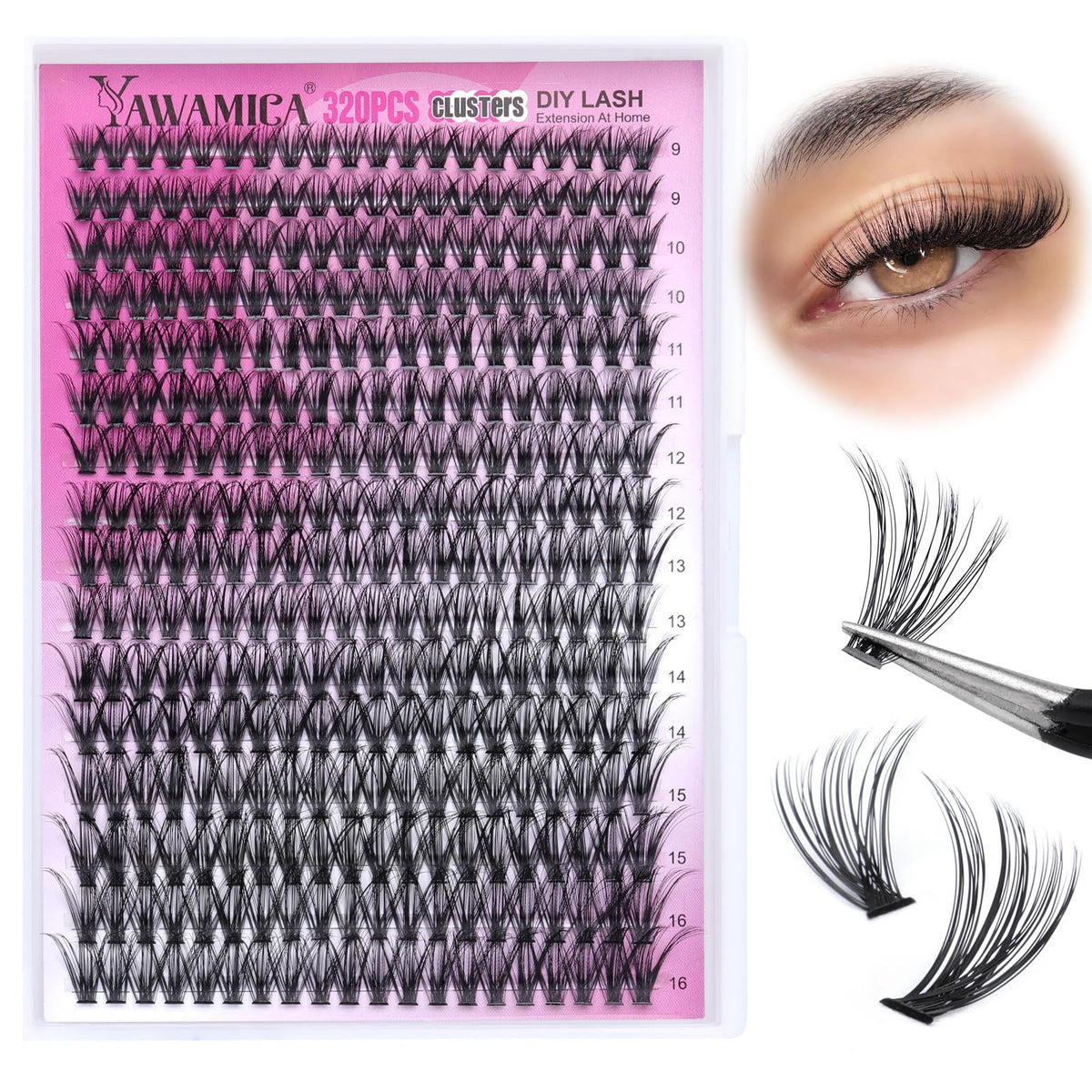 Yawamica cils individuels 320 pièces, variété de longueurs pour styles variés et personnalisés.