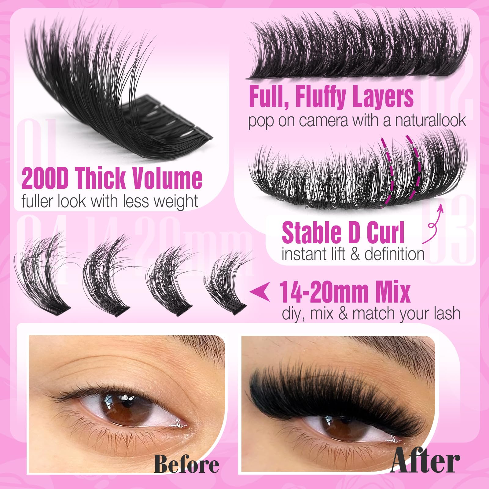 Yawamica cils individuels dcurl 14-20mm pour regard défini et volumineux