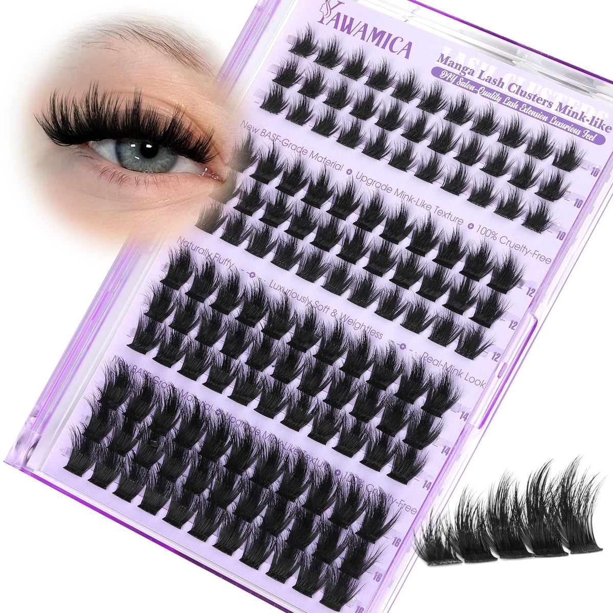 Yawamica clusters cils manga 10–16 mm, effet wispy naturel, parfait pour un look chic.
