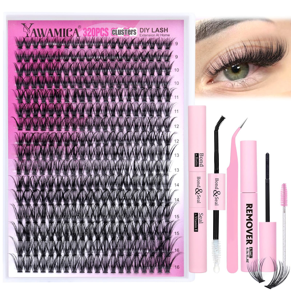 Yawamica kit clusters cils 320pcs pour un look personnalisé à domicile