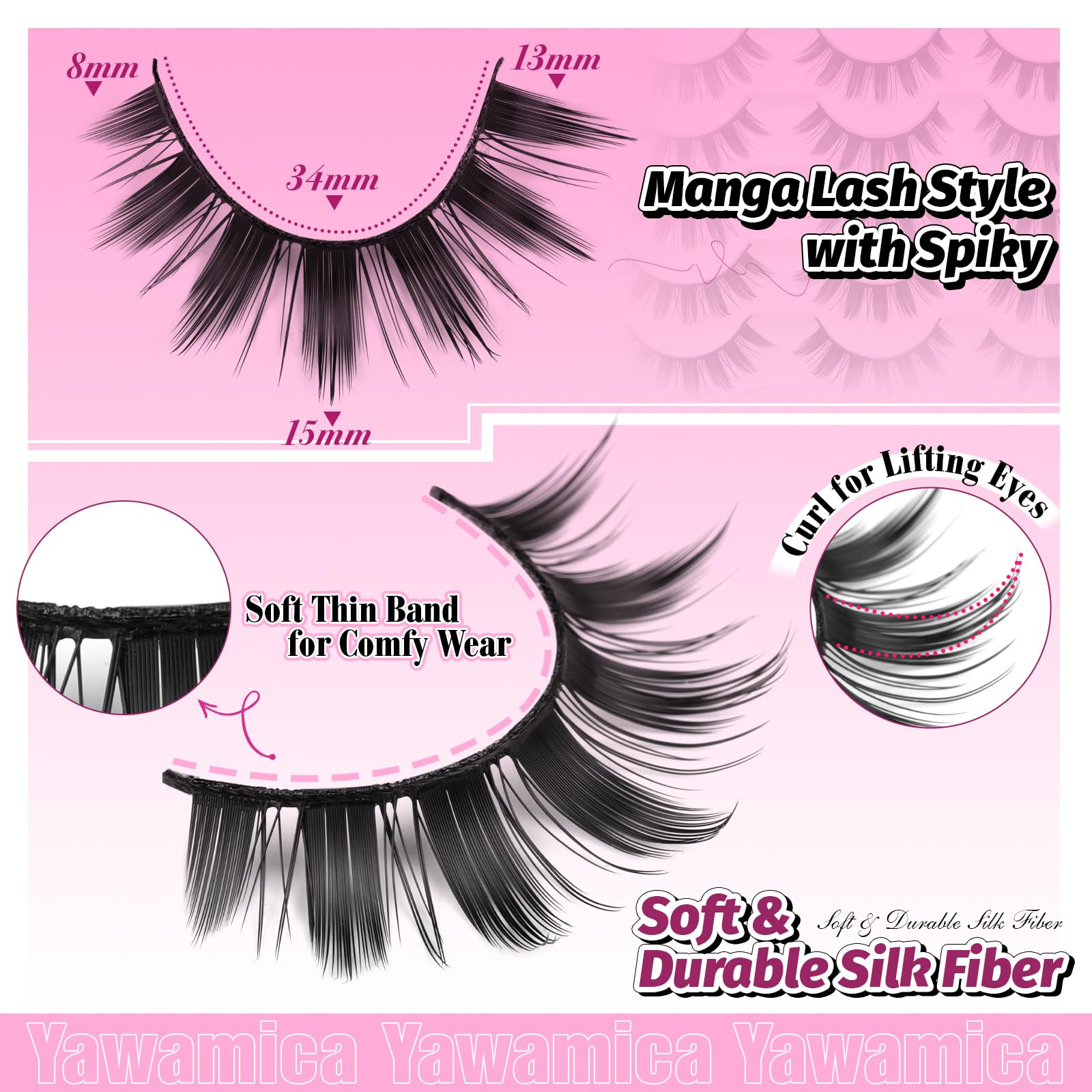 Yawamica cils manga 15mm, fibre soyeuse offrant confort et légèreté longue durée.