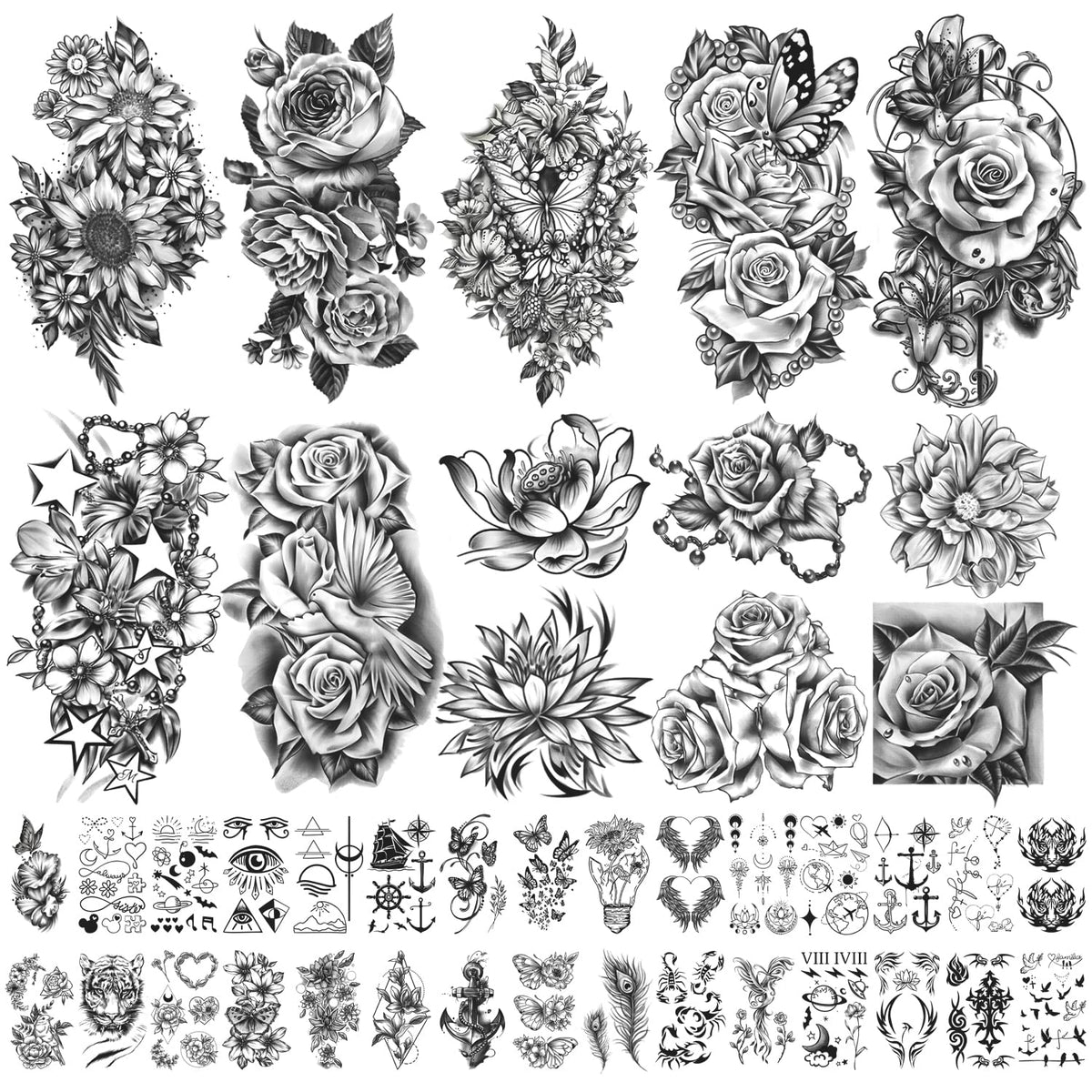 Yazhiji tatouage temporaire fleurs roses et libellules, effet durable sur la peau.