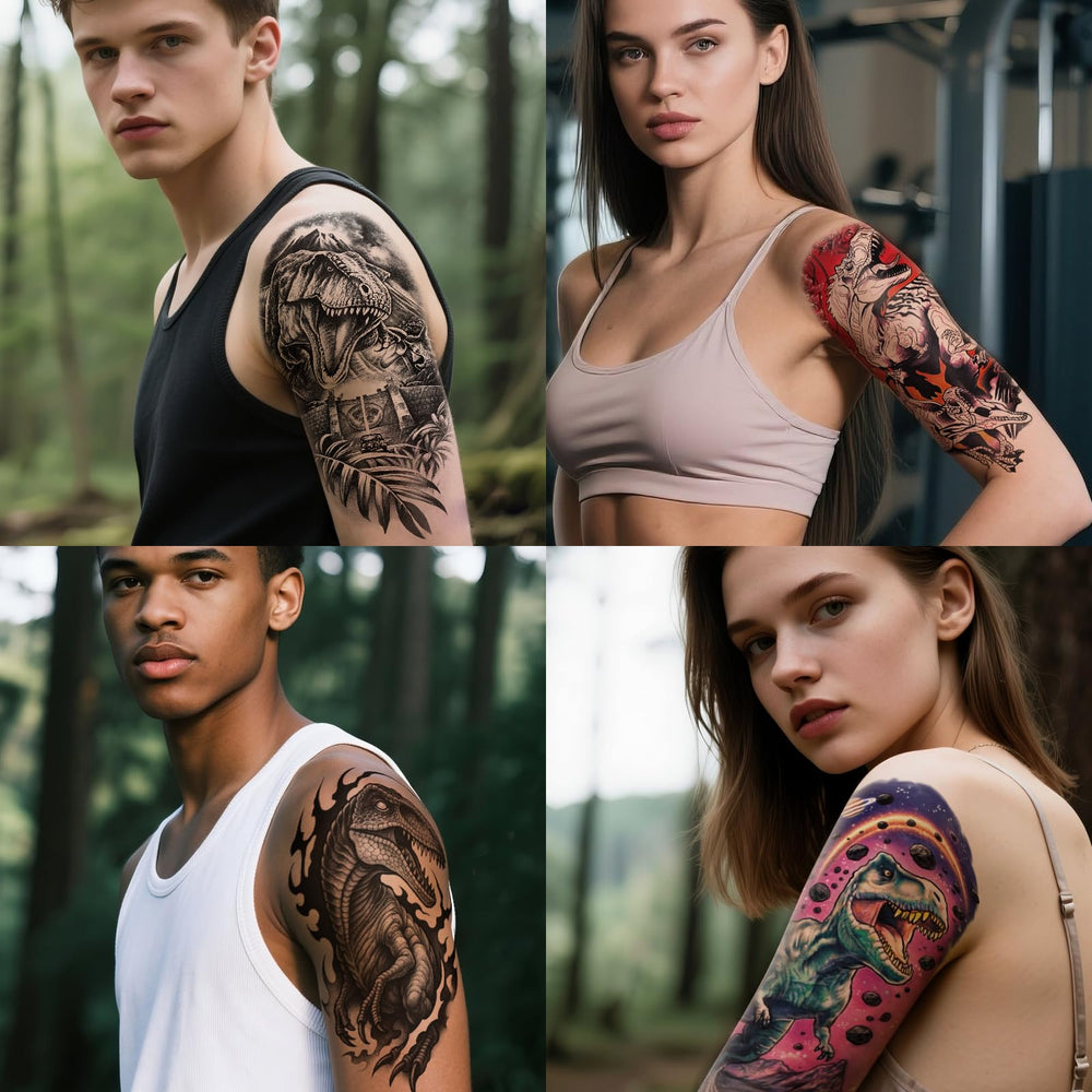 Tatouage Yazhiji bras T-Rex, look héroïque et facile à appliquer.