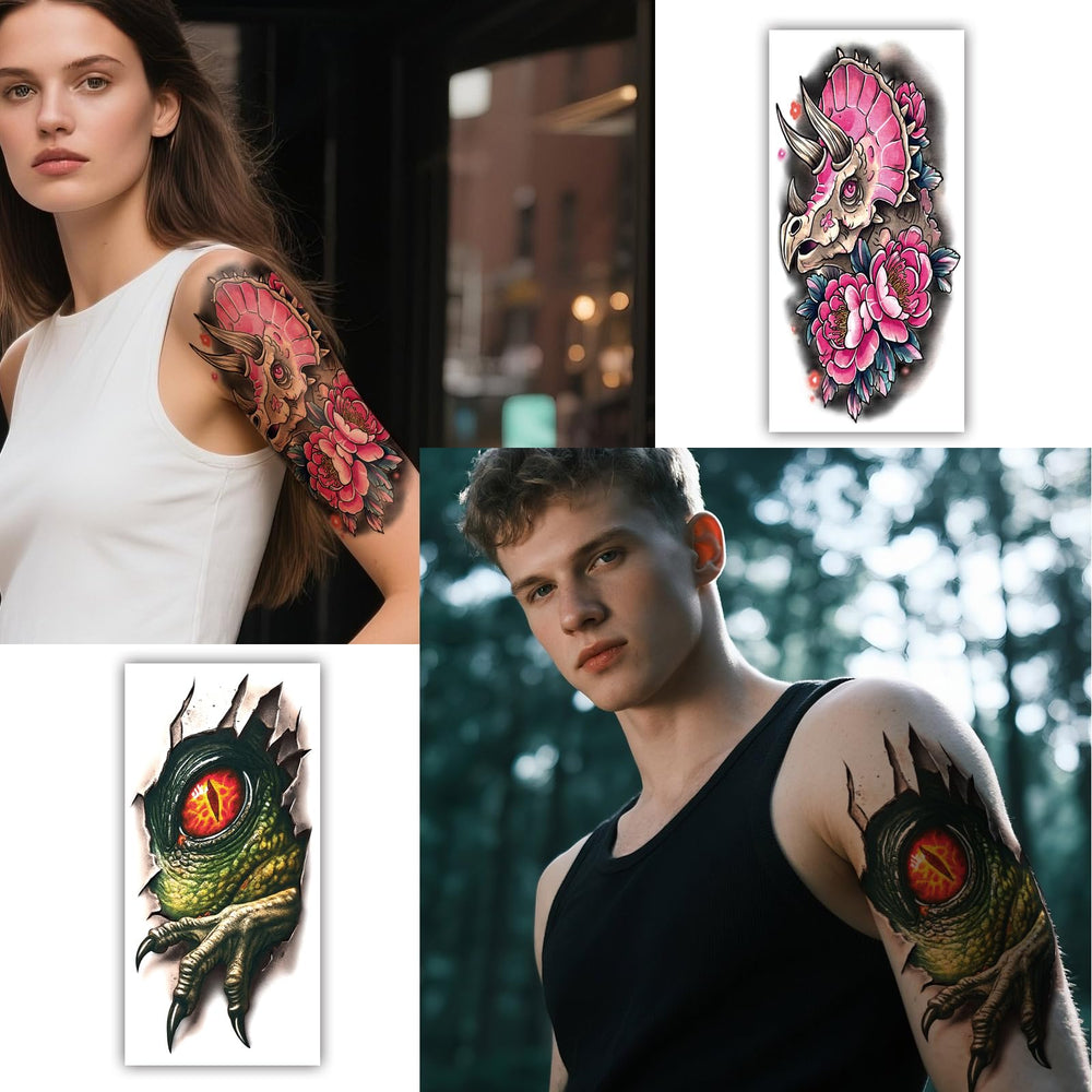 Tatouage Yazhiji crane T-Rex, image marquante pour un déguisement.