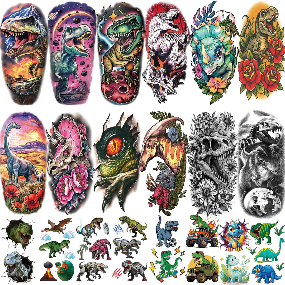 Tatouage Yazhiji grand format dinosaure, idéal pour les fêtes d’anniversaire.