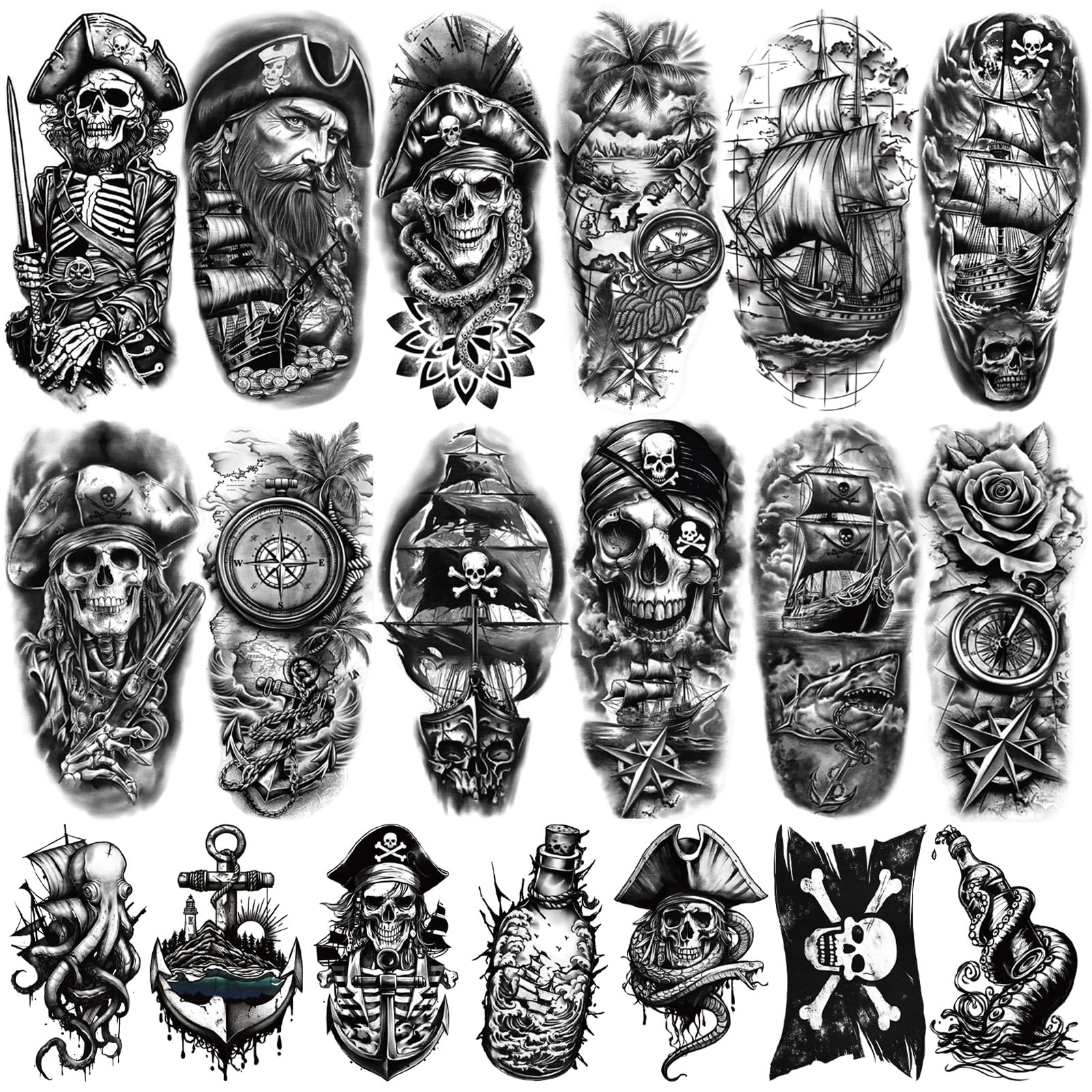 Tatouages temporaires Yazhiji pirates, 77 motifs variés, parfait pour cosplay et fêtes nautiques.