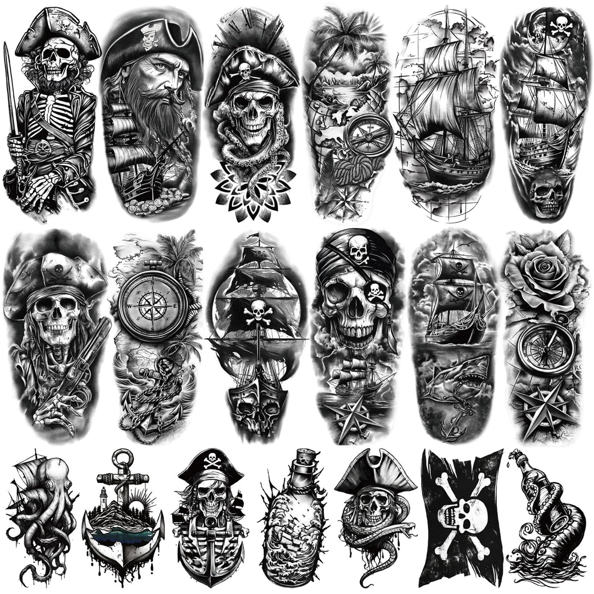 Tatouages temporaires Yazhiji pirates, 77 motifs variés, parfait pour cosplay et fêtes nautiques.