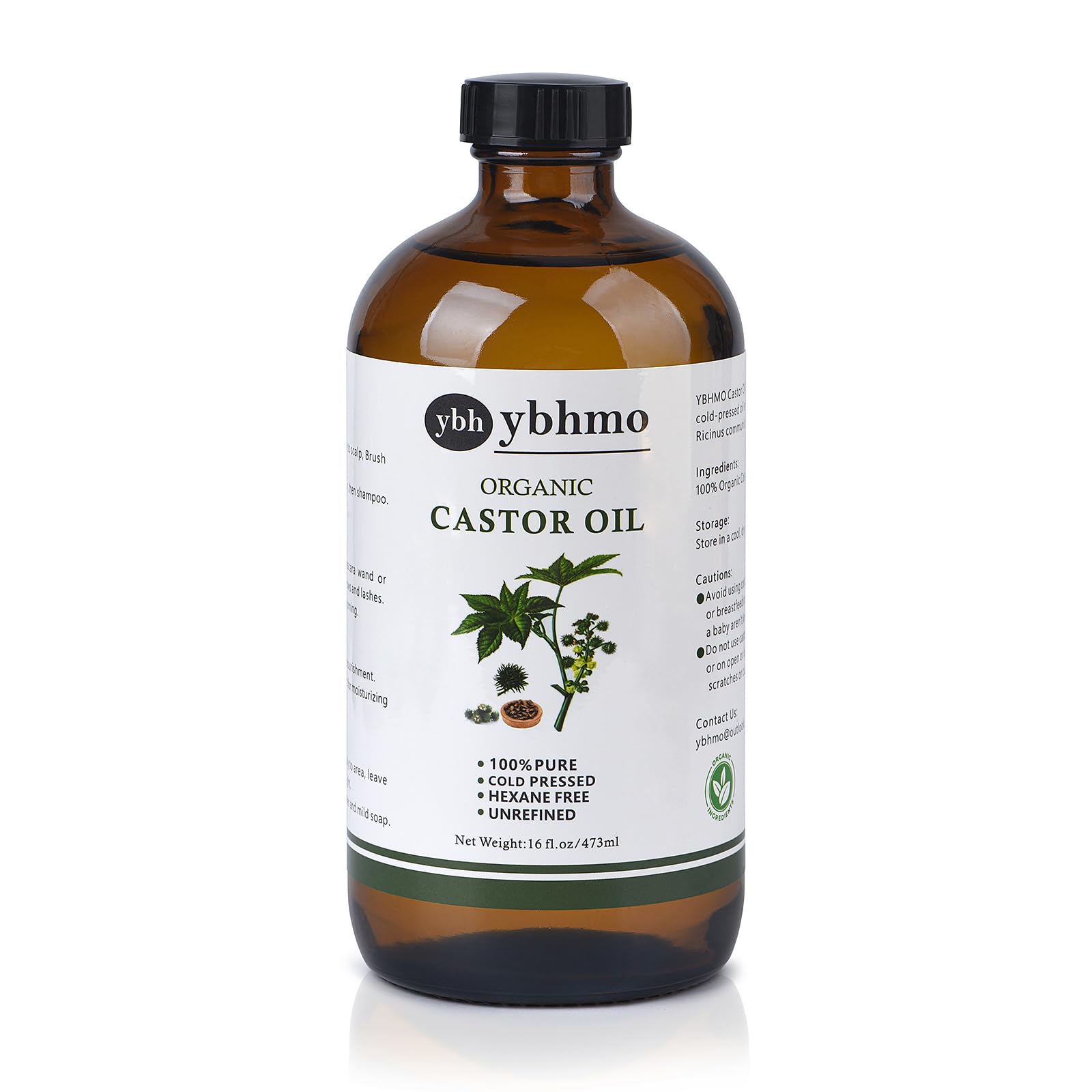 YBHMO huile de ricin pure dans flacon verre ambré, protection efficace.