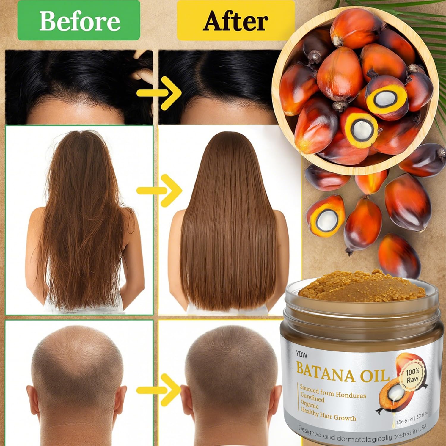 YBW Batana Oil, soin sans rinçage, cheveux doux.