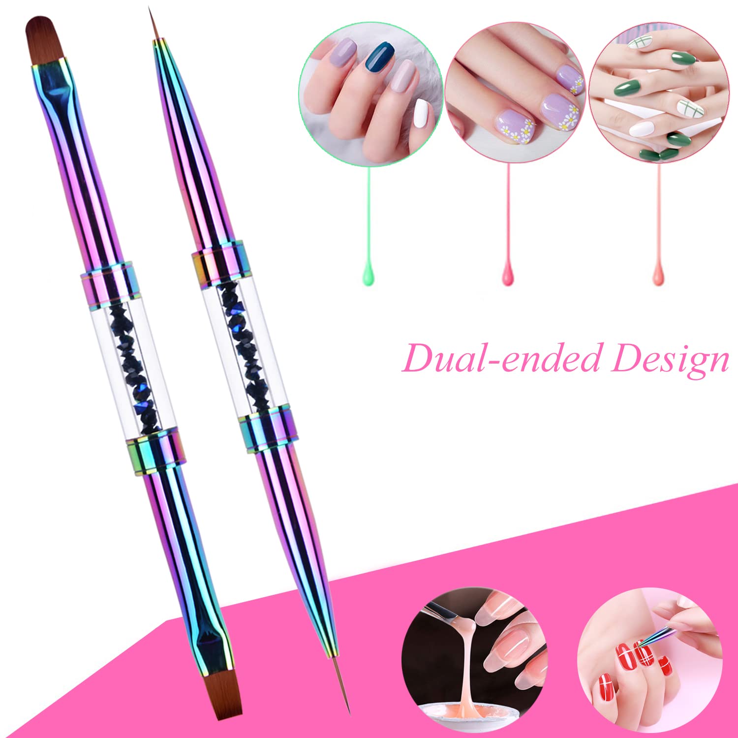 Brosse duale Ycyan à pointe ovale pour dessins nets sur ongles.