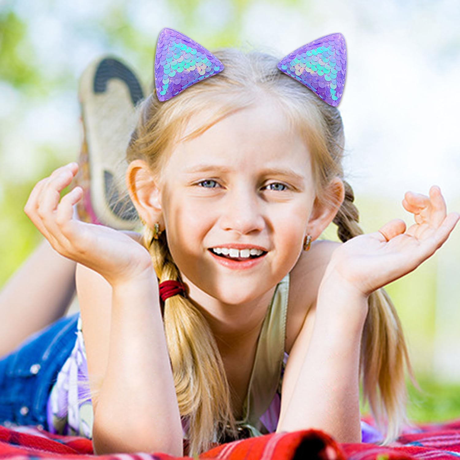 YDDXAQHB barrettes oreilles-chat paillettes bleu, idéales pour compléter les tenues d'enfant.