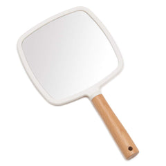 Miroir YEAKE à main avec poignée bois, pratique pour maquillage en déplacement.