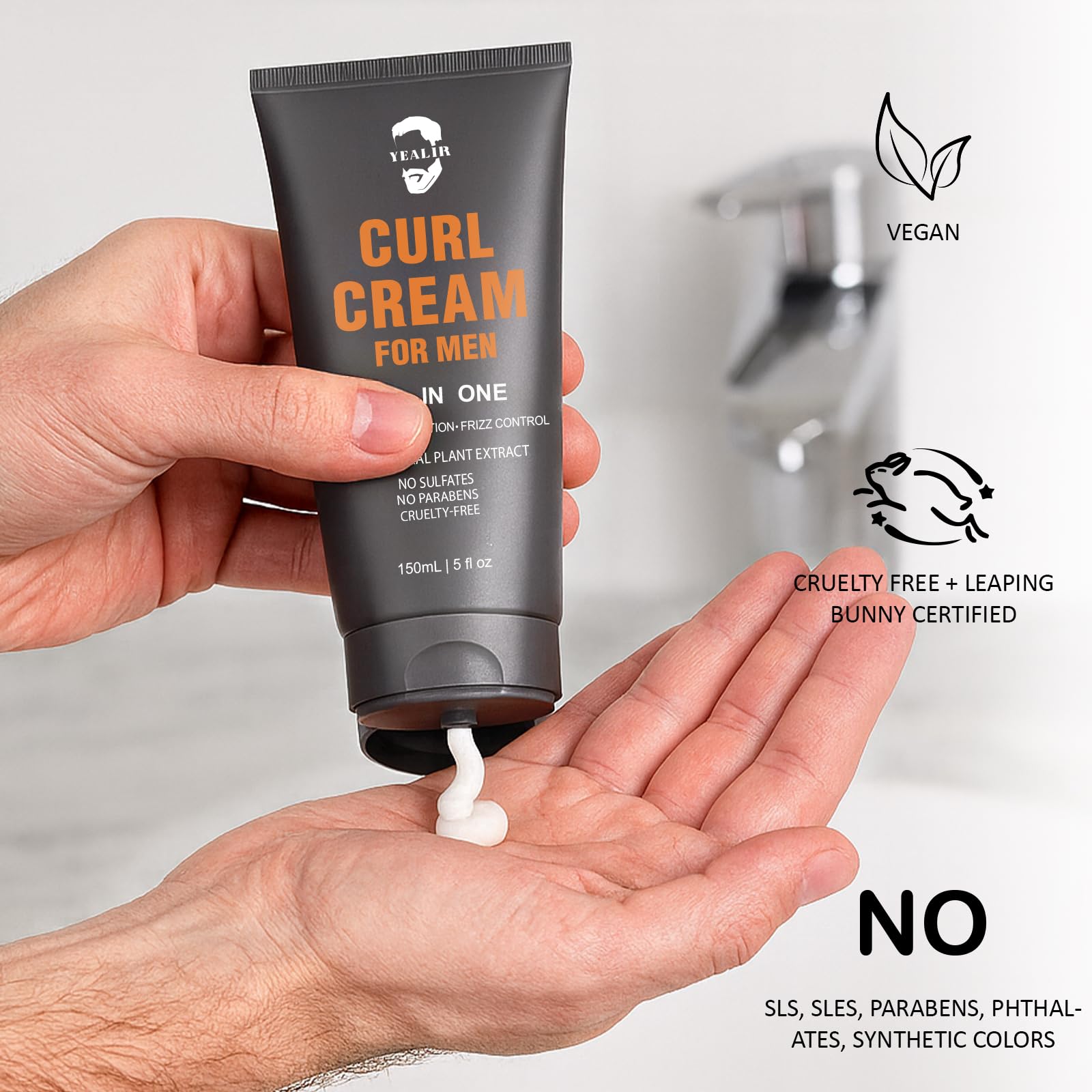 YEALIR Curl Cream for Men bottle with woodsy scent cue.