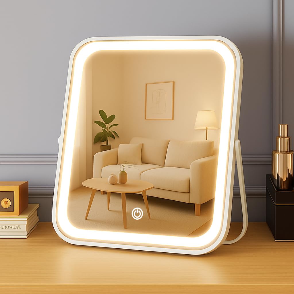 YEKKOPT Miroir vanité rechargeable avec lumière allumée, idéal pour un maquillage précis.