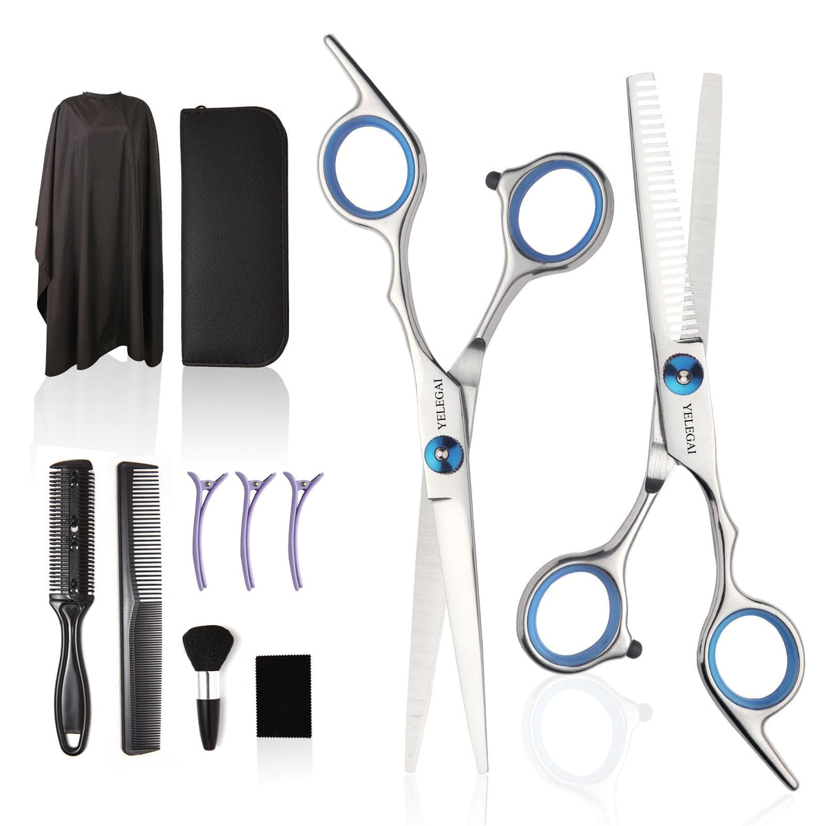 YELEGAI kit ciseaux coiffure 11 pièces, prêt pour usage domestique et professionnel.