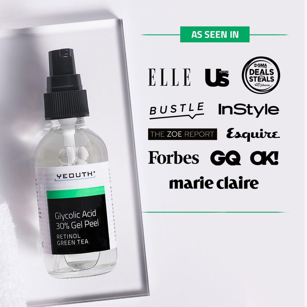 Gel exfoliant glycolique YEOUTH avec rétinol pour peau rafraîchie.