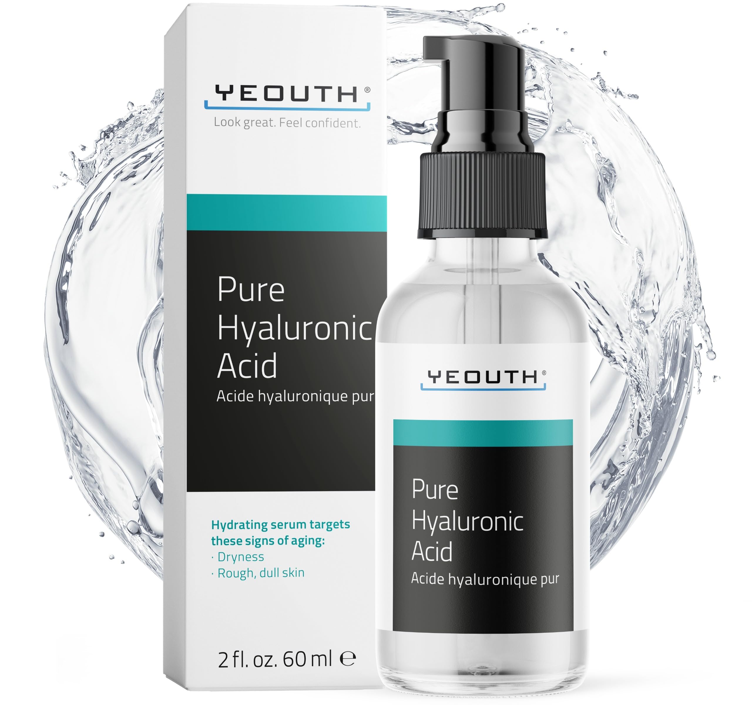 YEOUTH sérum acide hyaluronique pur visage, flacon 60 ml pour hydratation durable.
