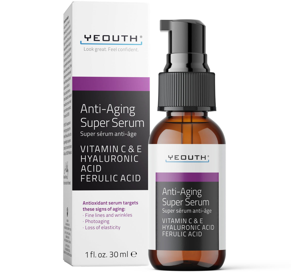 YEOUTH sérum anti‑âge visage : bouteille prête pour hydratation et éclat.