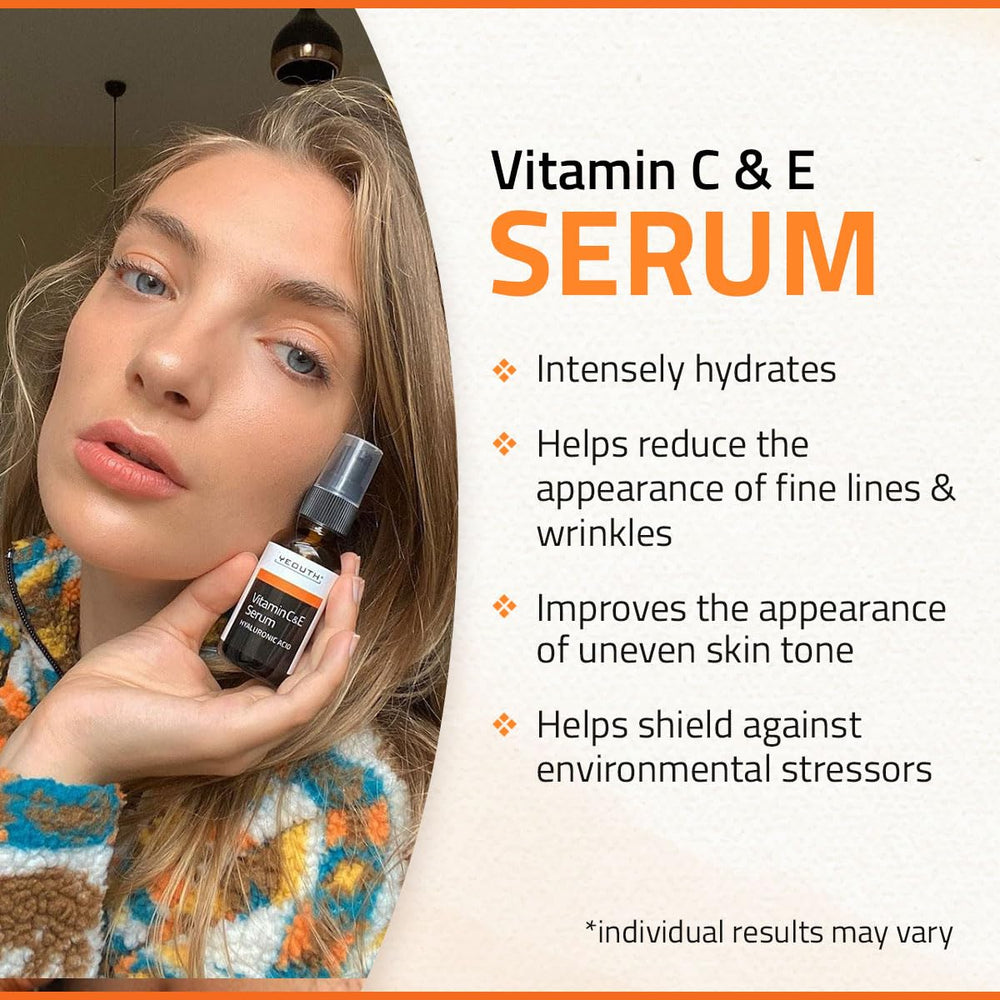 Yeouth sérum vitamine C, application quotidienne, peau plus lumineuse et uniforme.