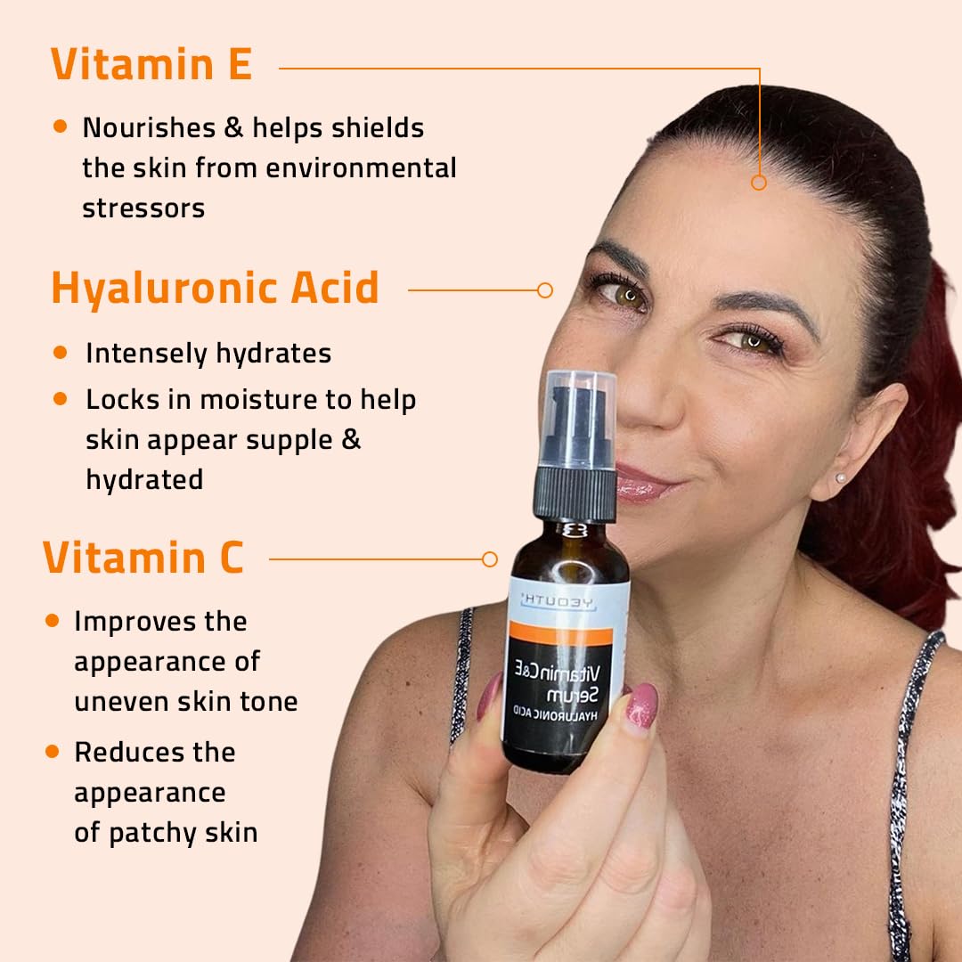 Yeouth sérum vitamine C sur peau après application, teint rafraîchi et hydraté.