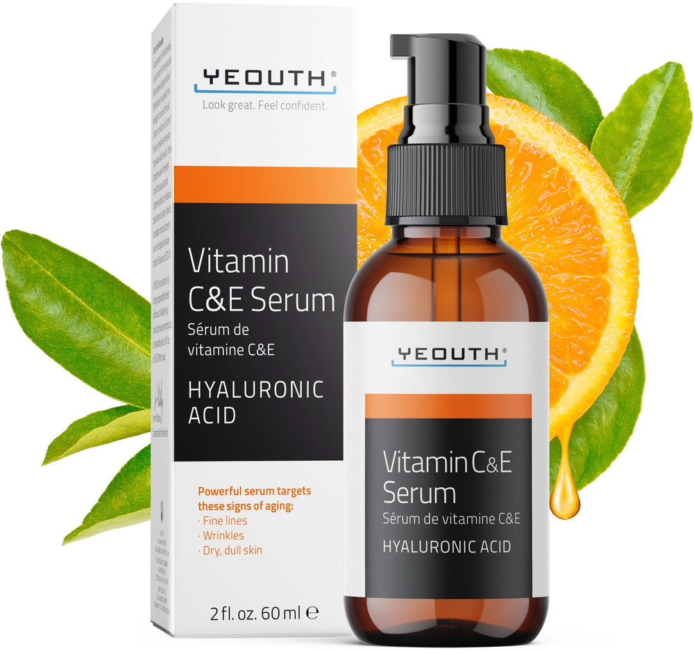 Yeouth sérum vitamine C pour le visage, bouteille visible et hydratation en profondeur.
