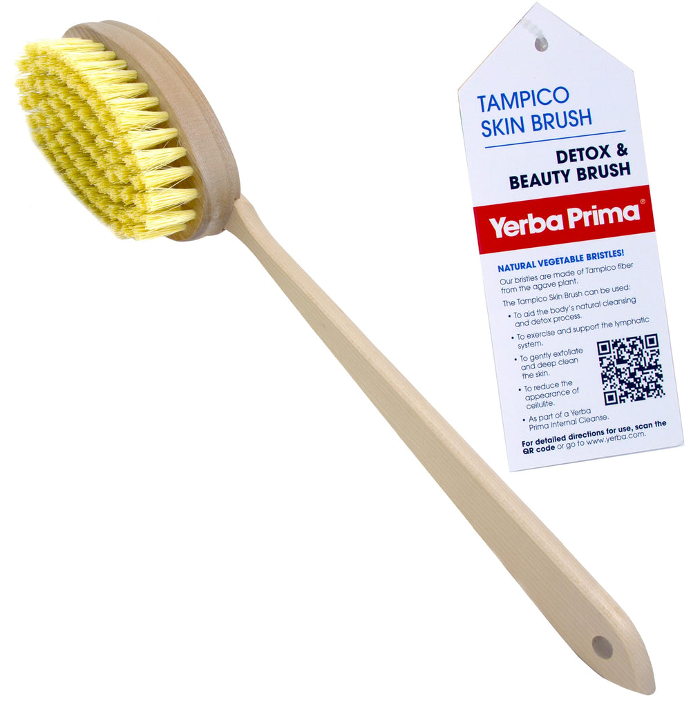 Brosse Tampico Yerba Prima avec manche détachable pour exfolier efficacement la peau.