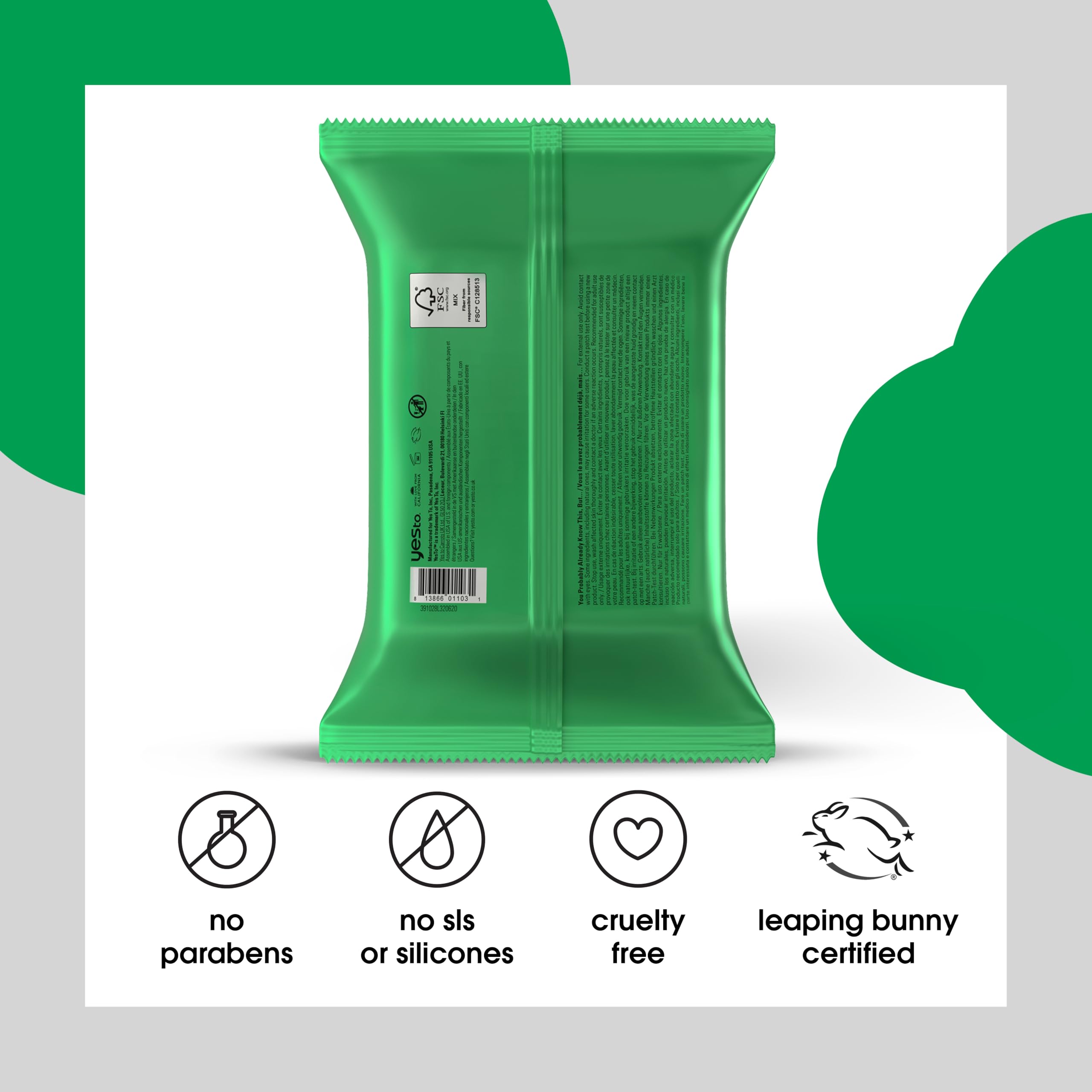 Yes To Face Wipes packaging detail showing eco-friendly design
