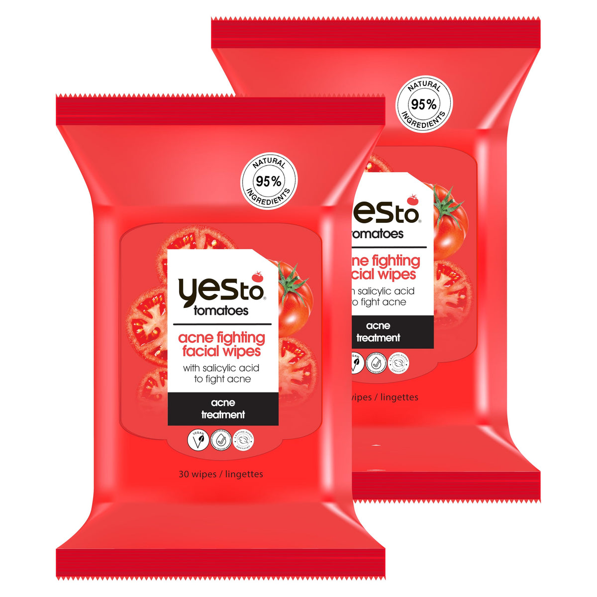 Lingettes Yes To Tomatoes nettoyantes anti-imperfections pour peau nette en déplacement.