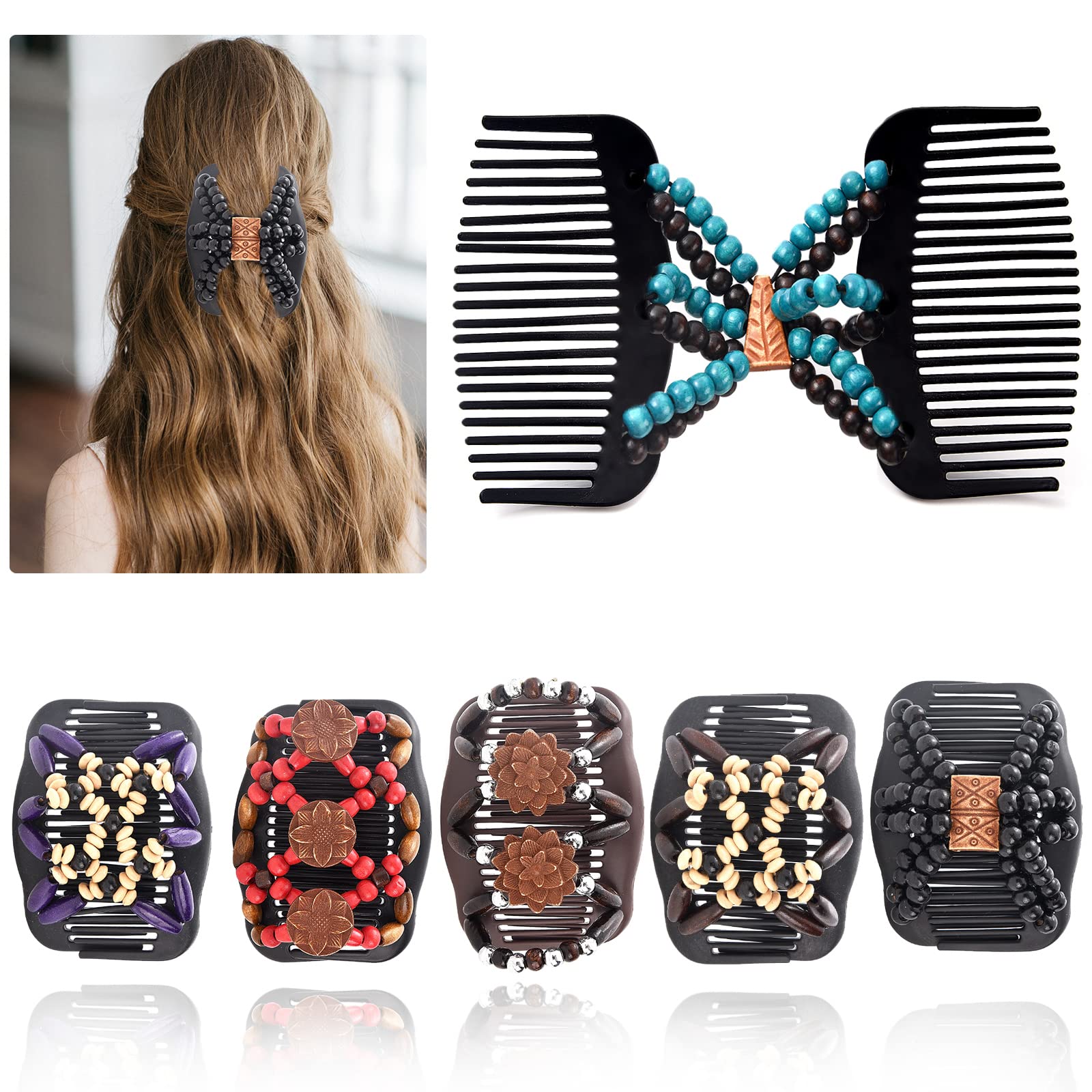 Yeshan peignes cheveux bois et perles, ensemble complet pour varier les coiffures.