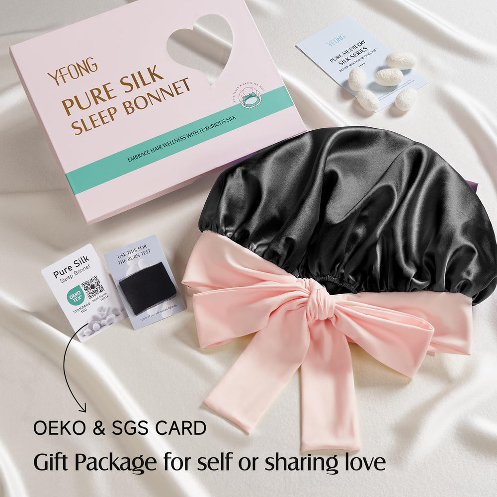Boite cadeau YFONG bonnet soie rose noir, idée cadeau soin cheveux et routine nuit.