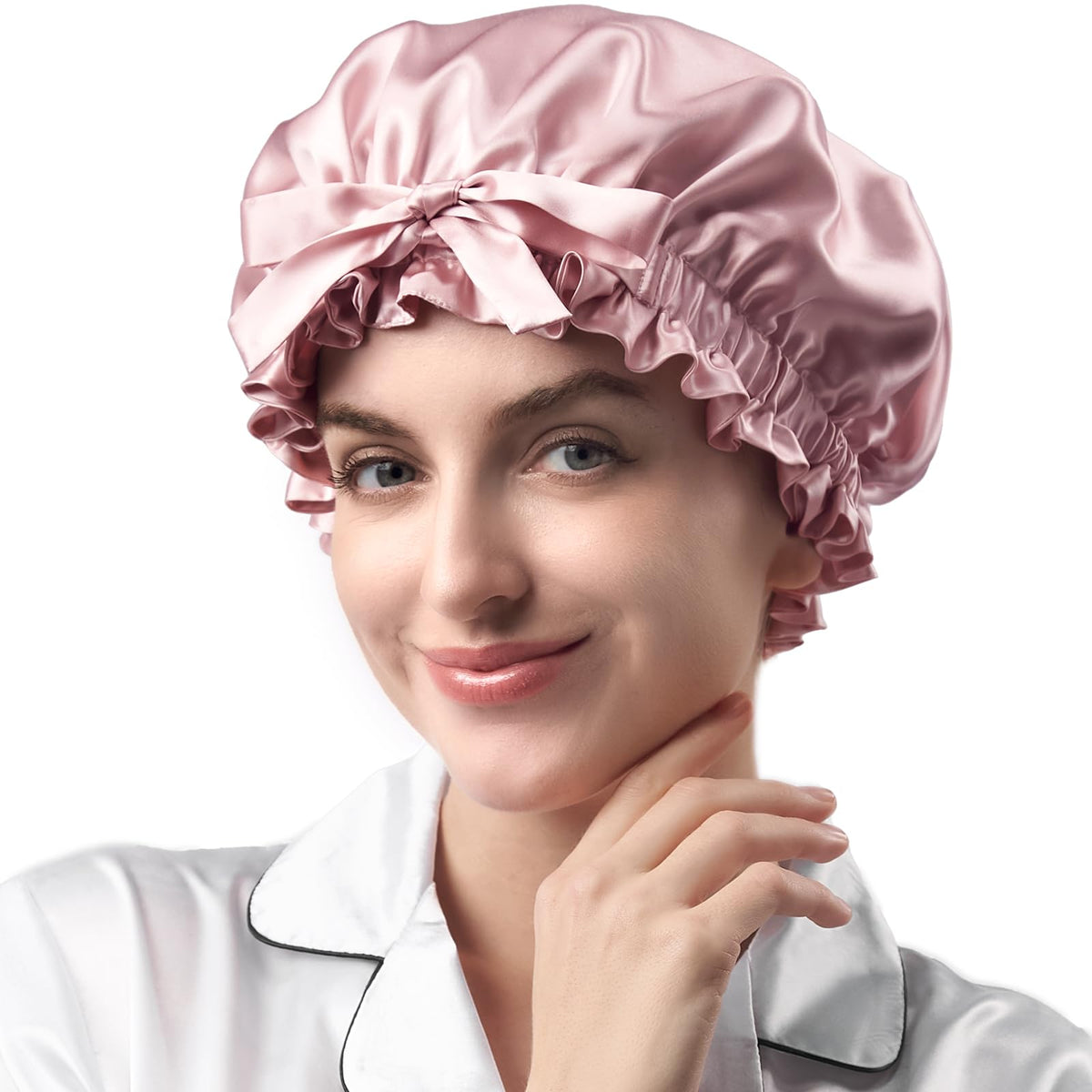 Bonnet YFONG en soie mulberry double couche rose pour des nuits douces et hydratantes