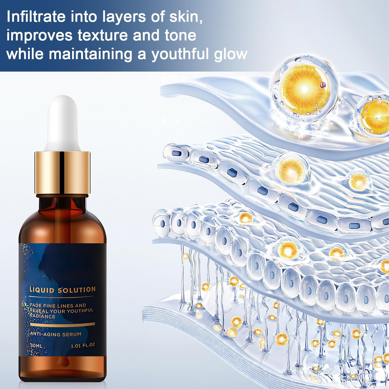 Application douce du sérum Yicengy sur le visage pour hydrater et raffermir.
