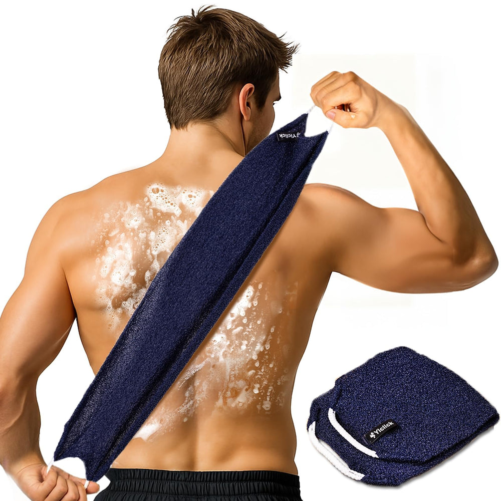 Gant exfoliant Yiclick avec manche pour atteindre le dos et exfolier en douceur.