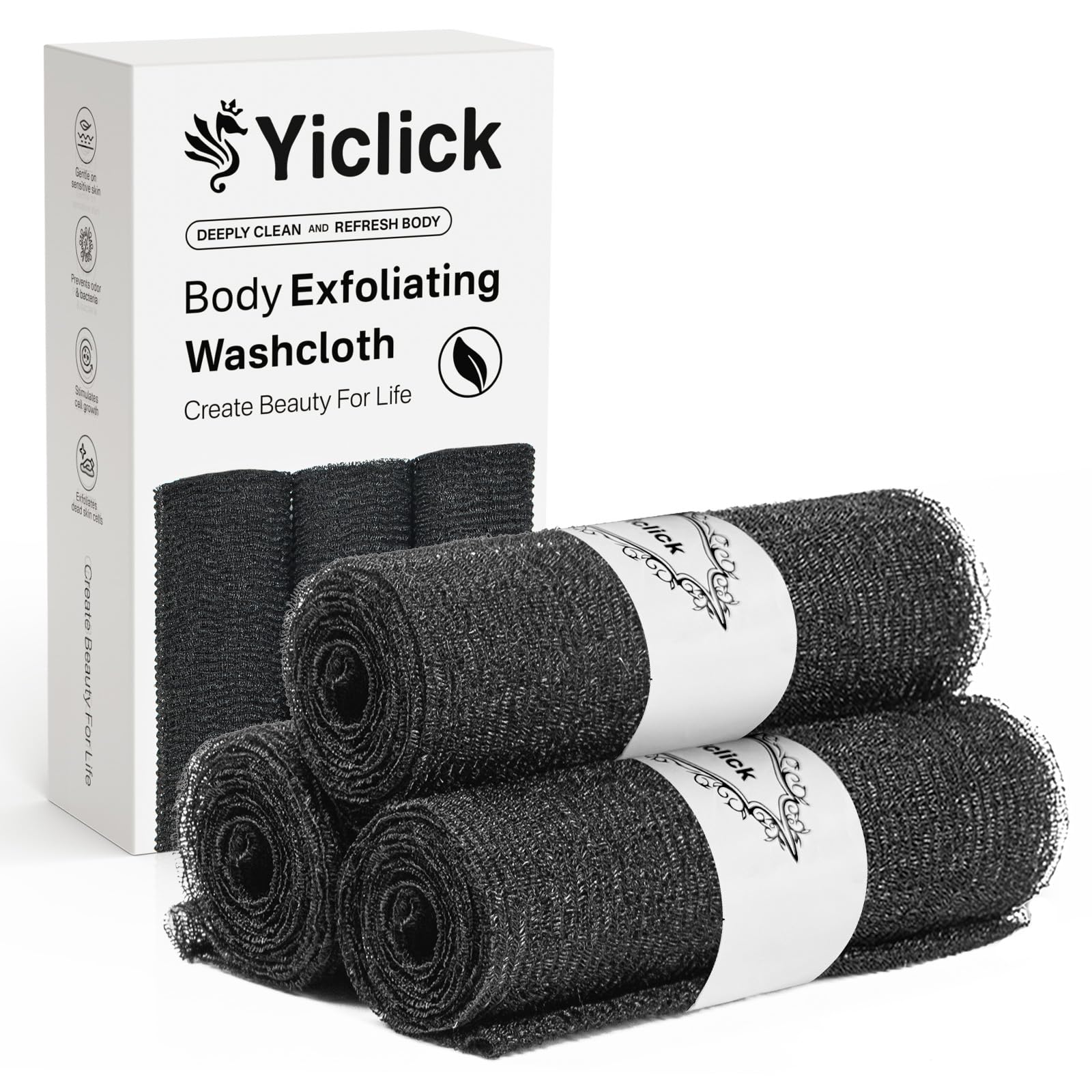 Gant exfoliant Yiclick en nylon pour une exfoliation douce mais efficace.