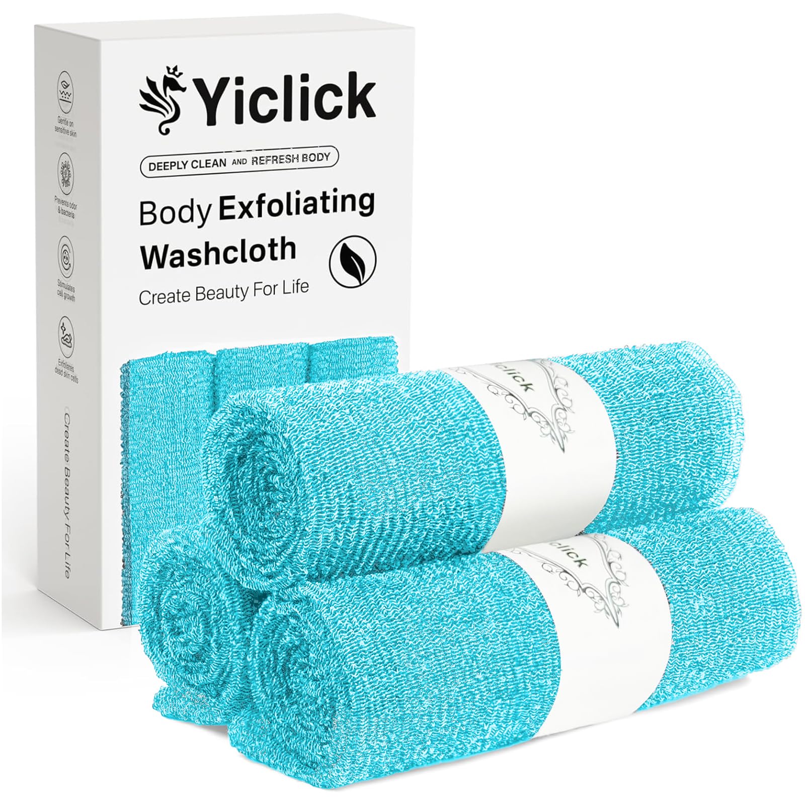 Gant exfoliant Yiclick bleu pour une peau lisse après la douche.