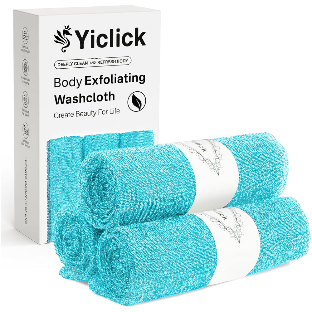 Gant exfoliant Yiclick bleu pour une peau lisse après la douche.