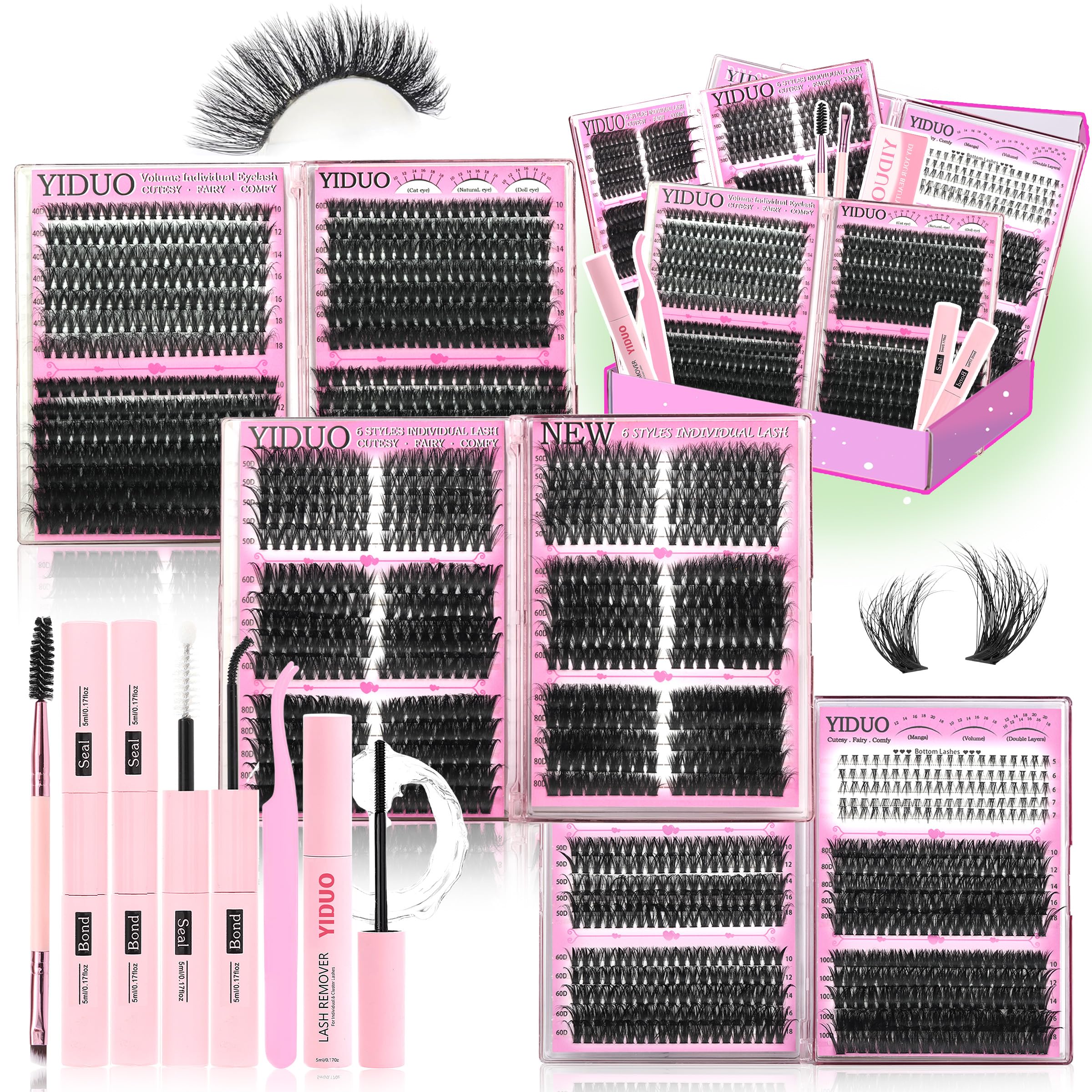 YIDUO ensemble 6 boîtes cils clusters pour varier votre look à domicile.