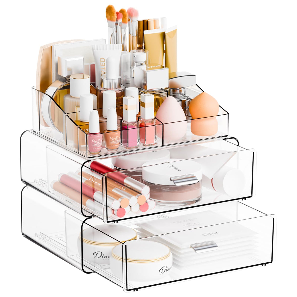 Yieach organisateur maquillage: plateau supérieur clair pour pinceaux et palettes.