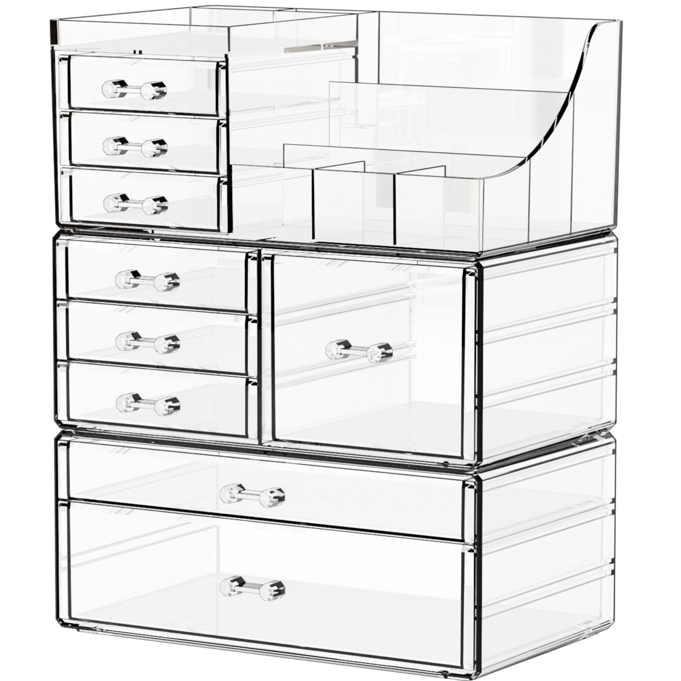Organisateur maquillage transparent Yieach sur coiffeuse, vue d’ensemble claire et pratique.