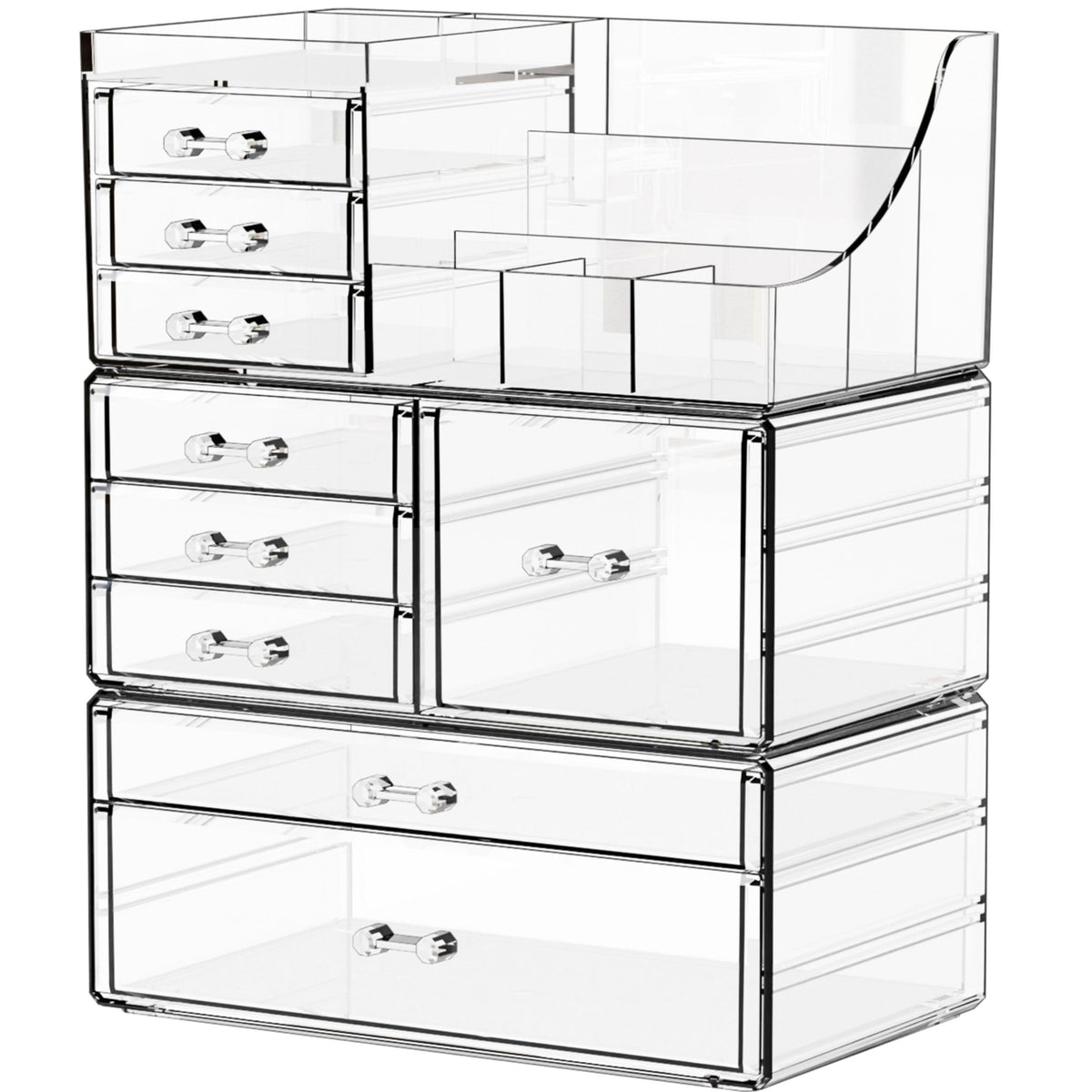 Organisateur maquillage transparent Yieach sur coiffeuse, vue d’ensemble claire et pratique.