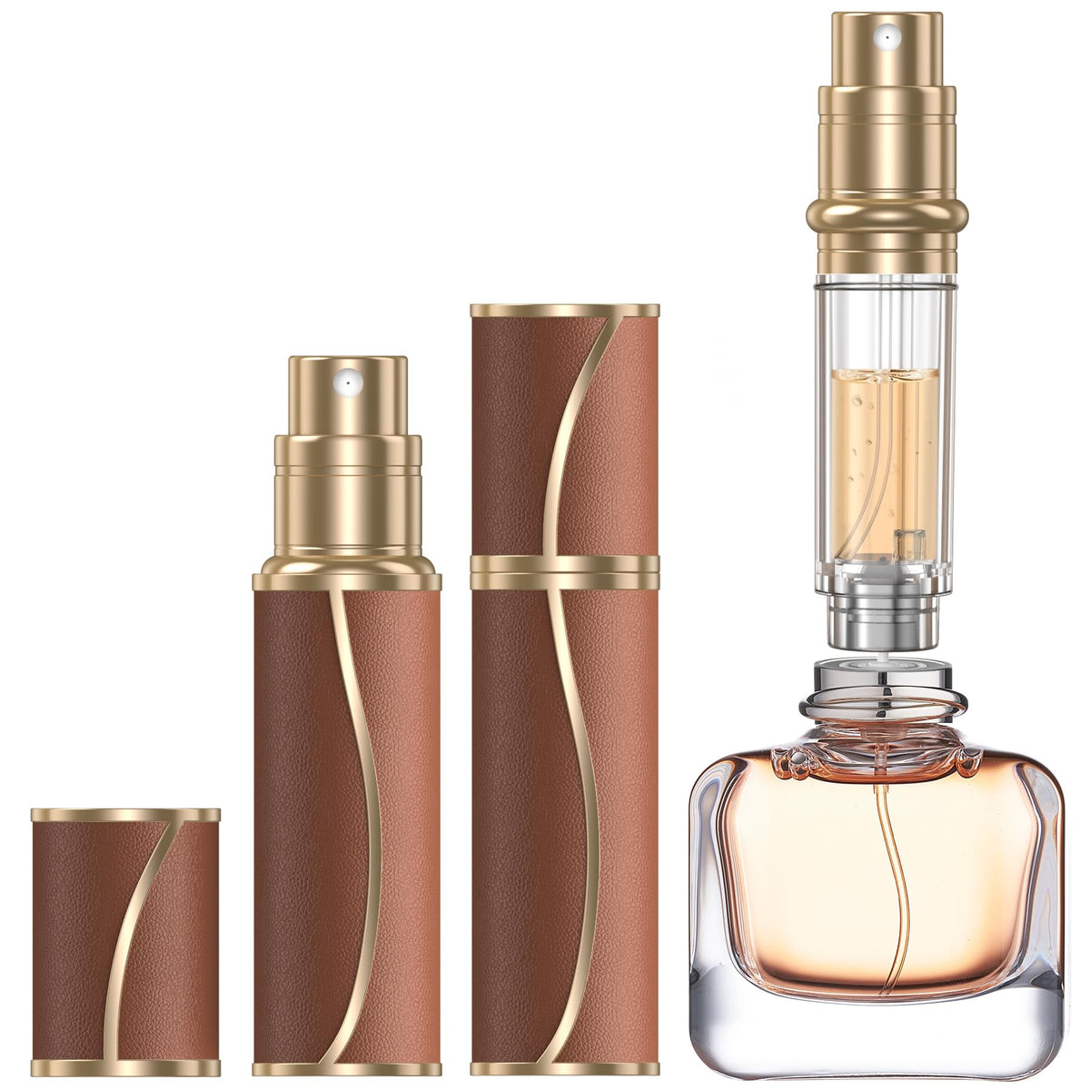 Atomiseur YIERSO 10ml avec remplissage par le bas et cuir brun pour voyage pratique.