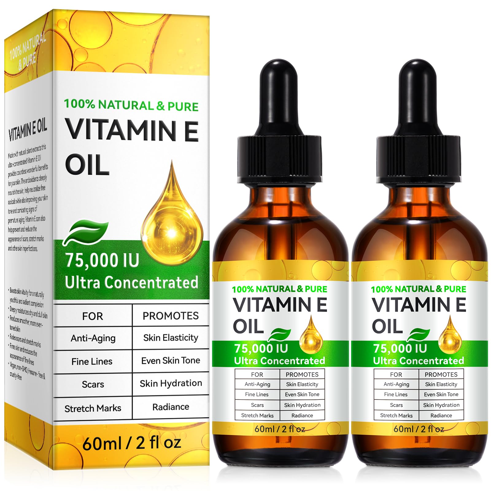 Huile vitamine E YJDHRPBI : flacon visage 75000 UI, absorption rapide et nourrissante.