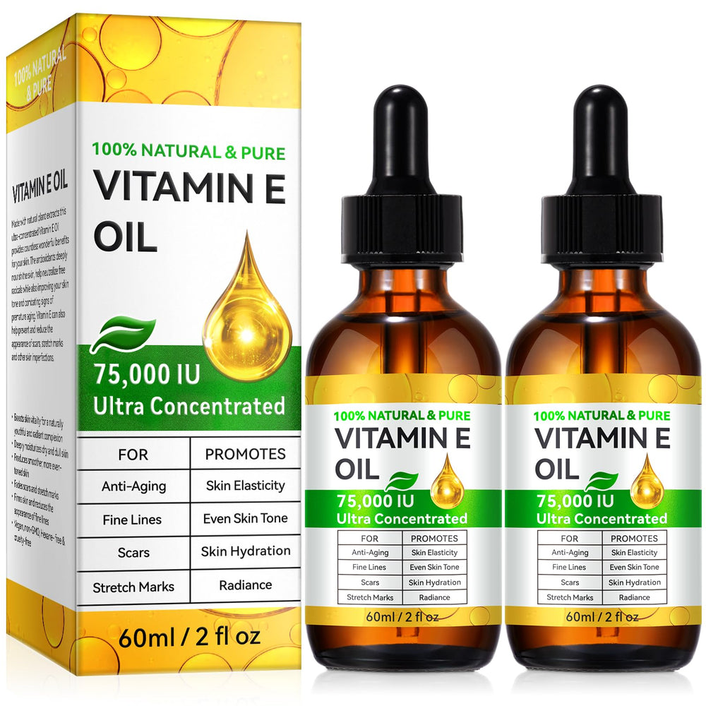 Huile vitamine E YJDHRPBI : flacon visage 75000 UI, absorption rapide et nourrissante.