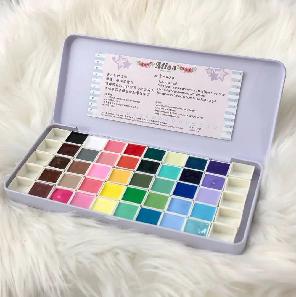 Palette gel YJMyujimi avec 40 couleurs visibles dans la boîte.