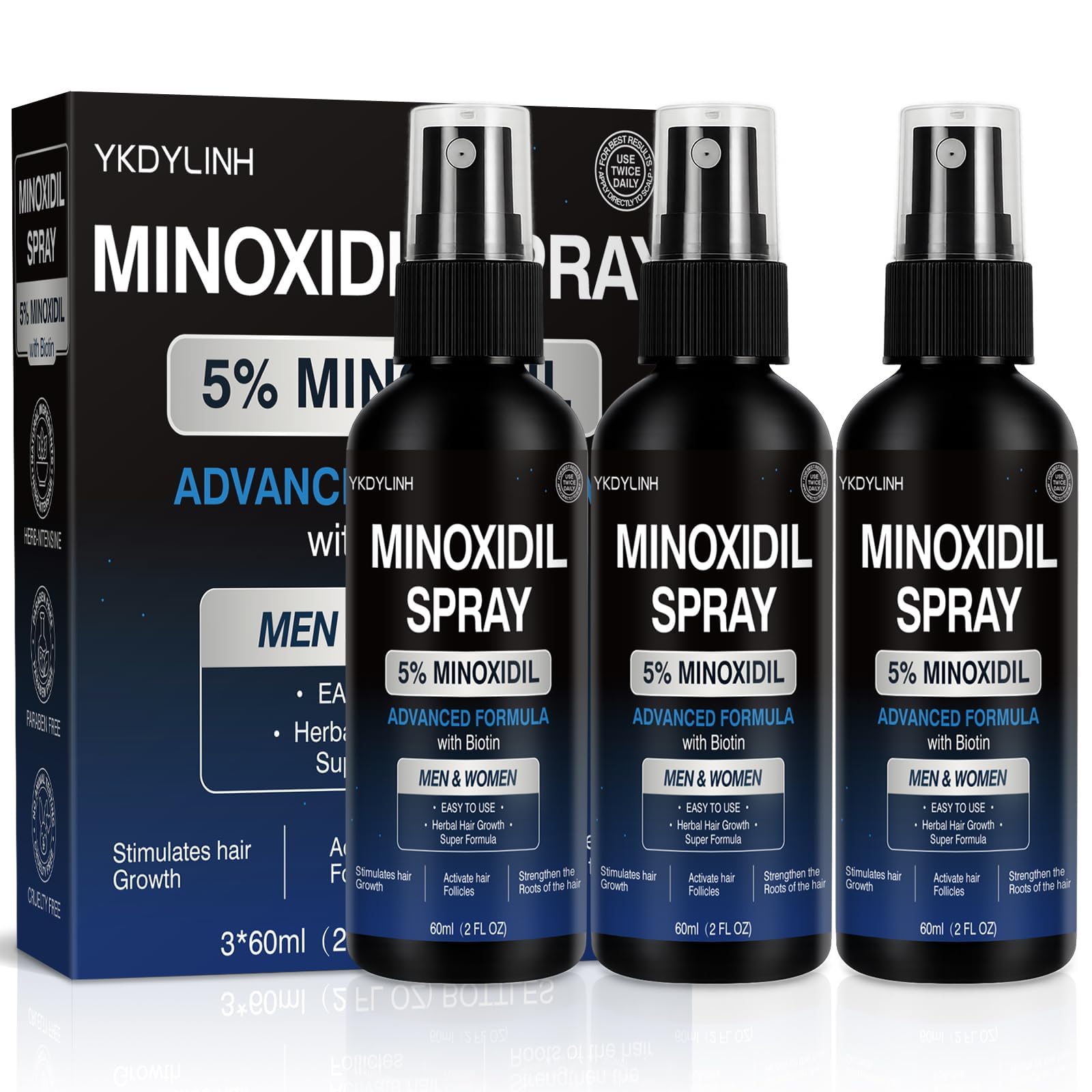 YKDYLINH Minoxidil Spray: bouteille prête pour l’application sur le cuir chevelu.